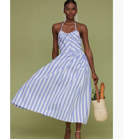 Avec les filles striped blue white cotton blend halter french chic midi size 8 - Picture 1 of 13